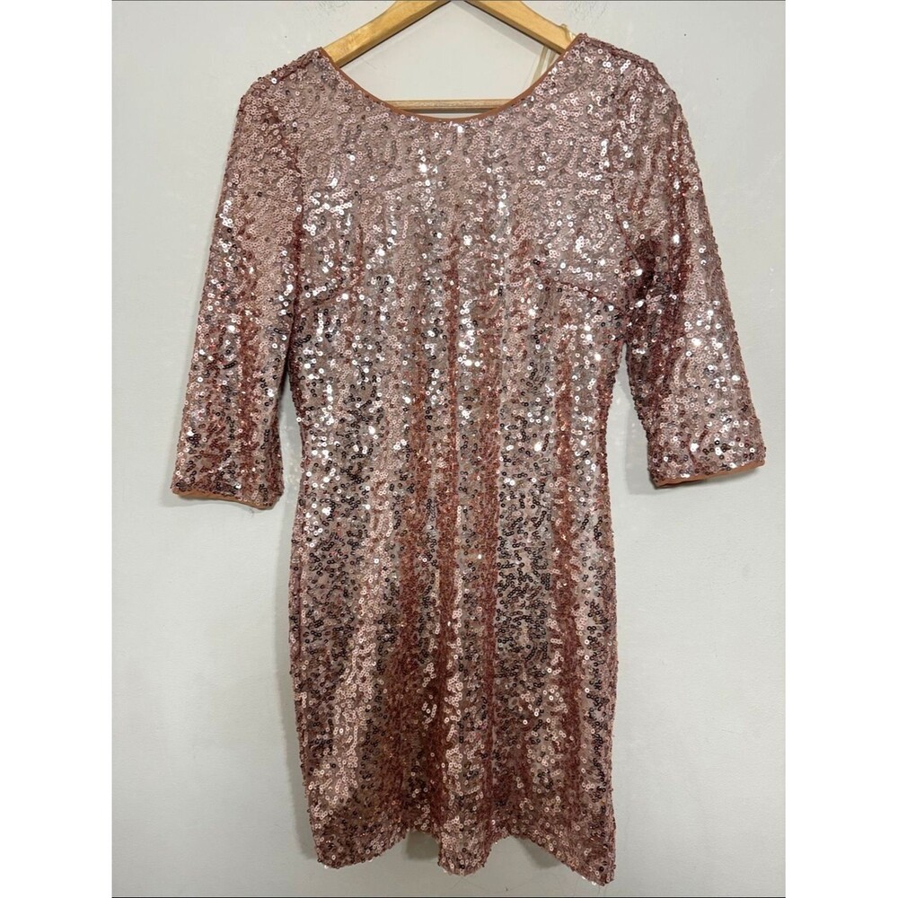 Women's Rose Gold Sequined Cocktail Mini Dress Scoop Back size M Sparkle Party